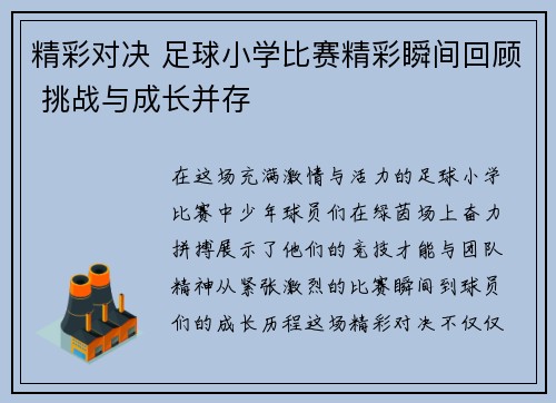 精彩对决 足球小学比赛精彩瞬间回顾 挑战与成长并存