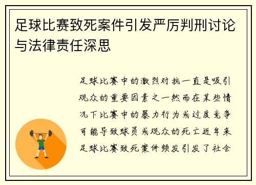 足球比赛致死案件引发严厉判刑讨论与法律责任深思